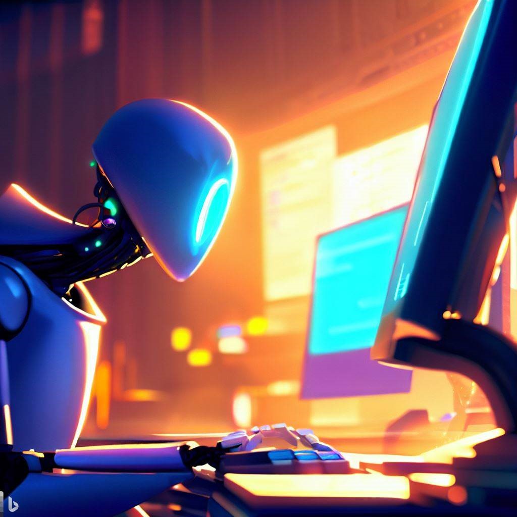 An AI working on a computer representing AI optimizing SEO.