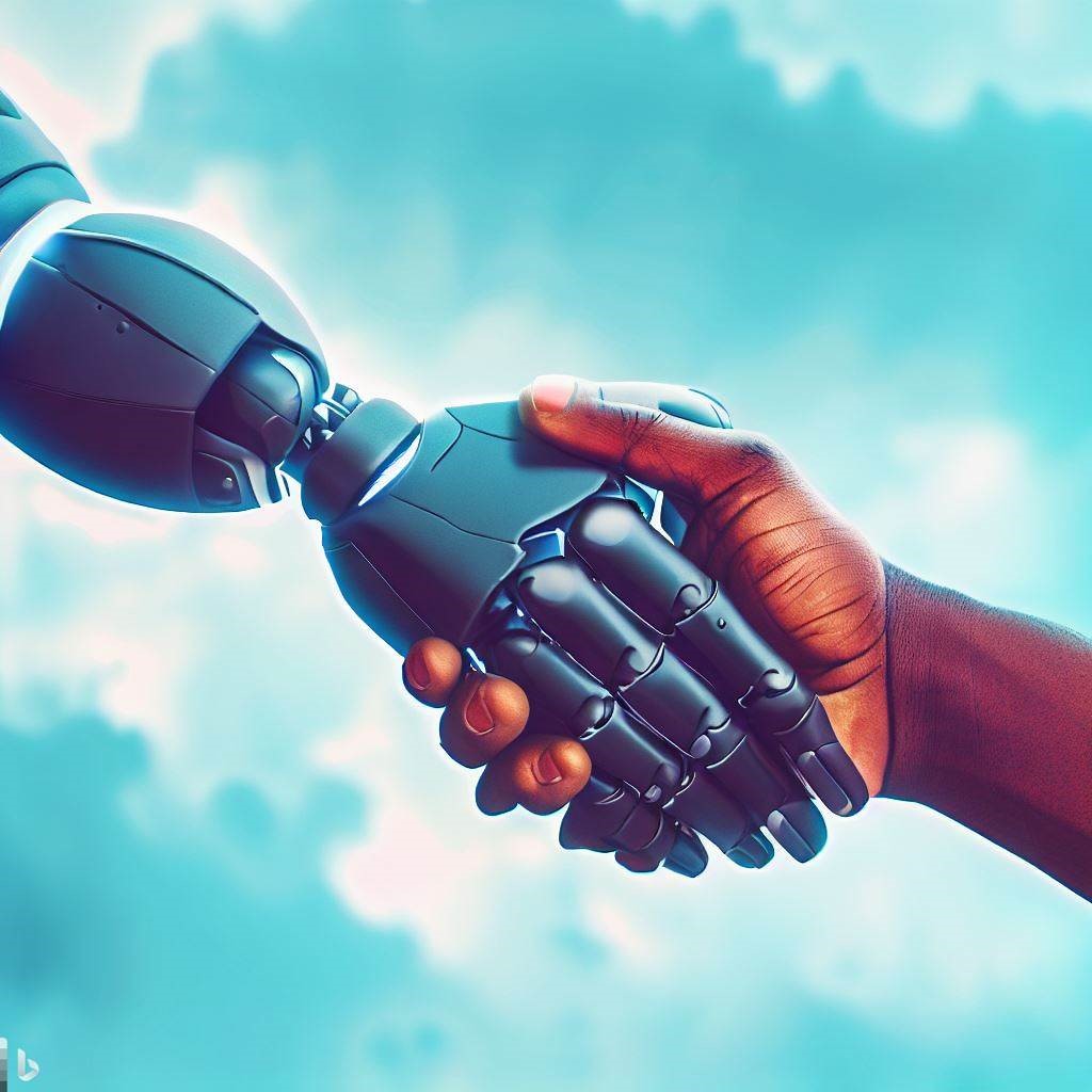 A human hand and a robot hand in a handshake, symbolizing the intersection of human-driven SEO and AI-driven SEO