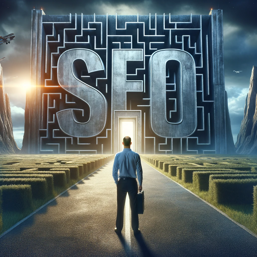 Middle-aged Caucasian businessman stands at the entrance of a large SEO maze, with towering walls boldly featuring 'SEO' letters. The backdrop is moody and suspenseful, illustrating the complexities and challenges in navigating SEO strategies.