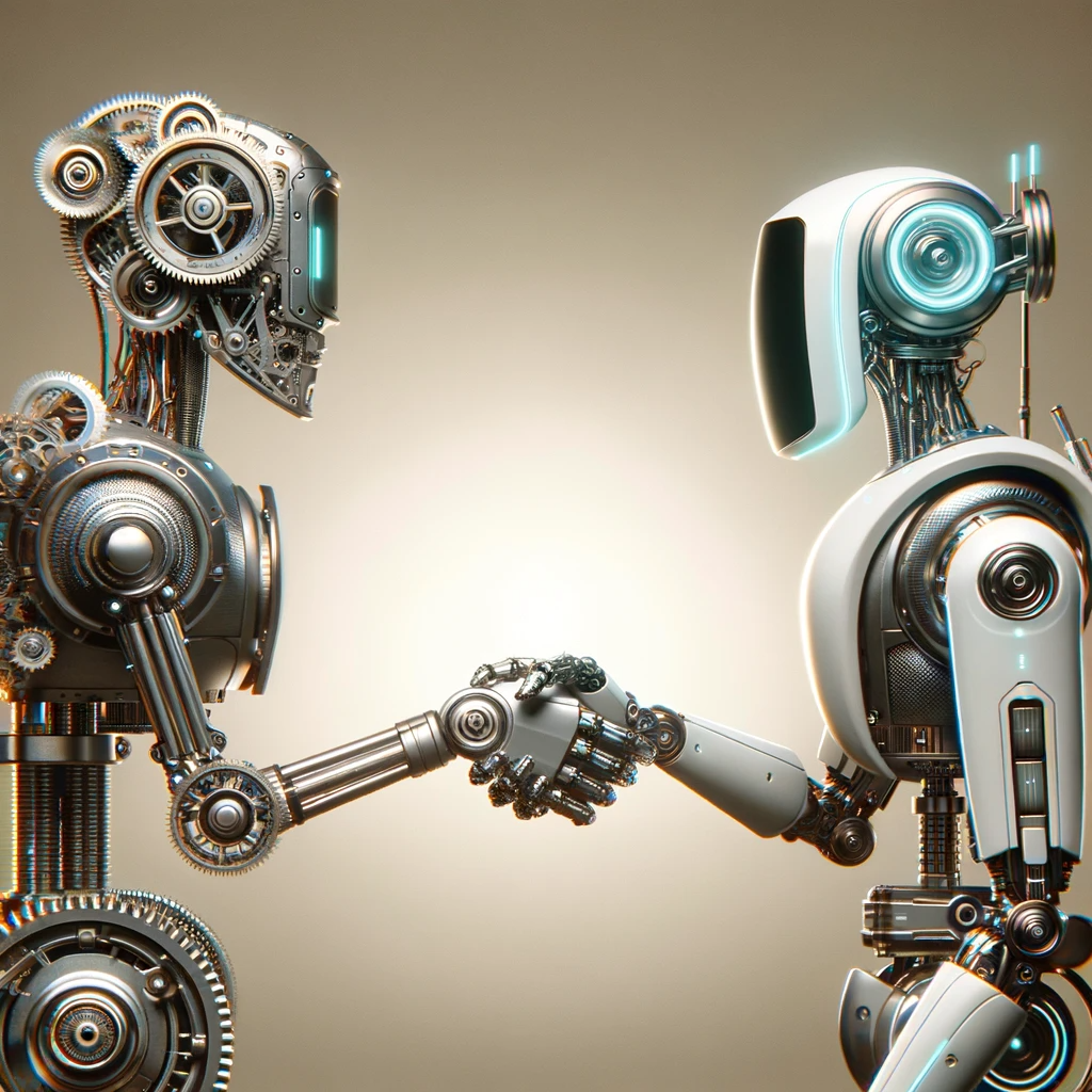 Two robots shaking hands, symbolizing the collaboration between SEO and AI