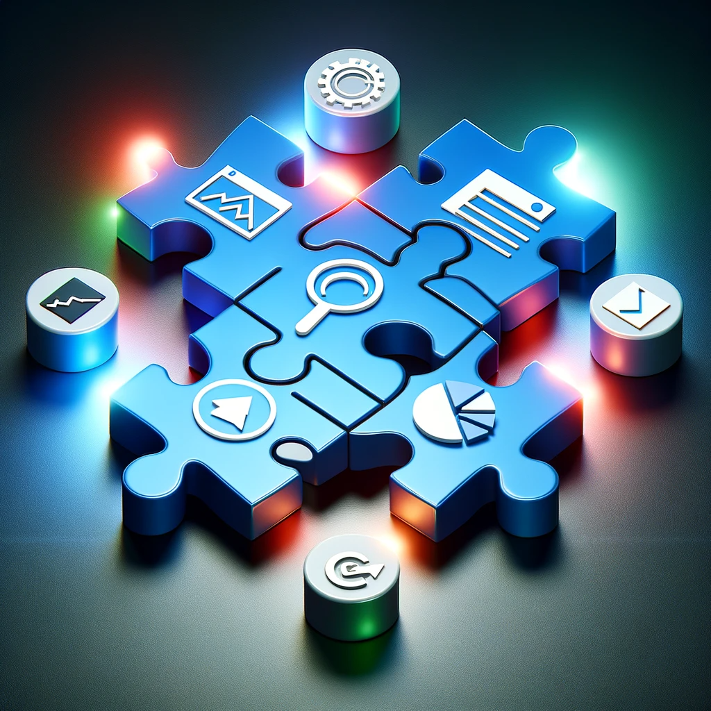 Puzzle pieces fitting together, each featuring different symbols related to SEO, such as a search icon, a graph, and a content symbol.
