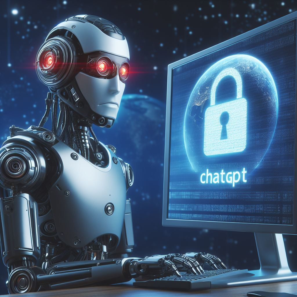A robot looking at a computer screen with ChatGPT on it.