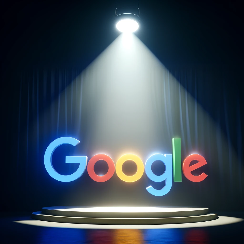 Google logo on stage with a spotlight shining on it
