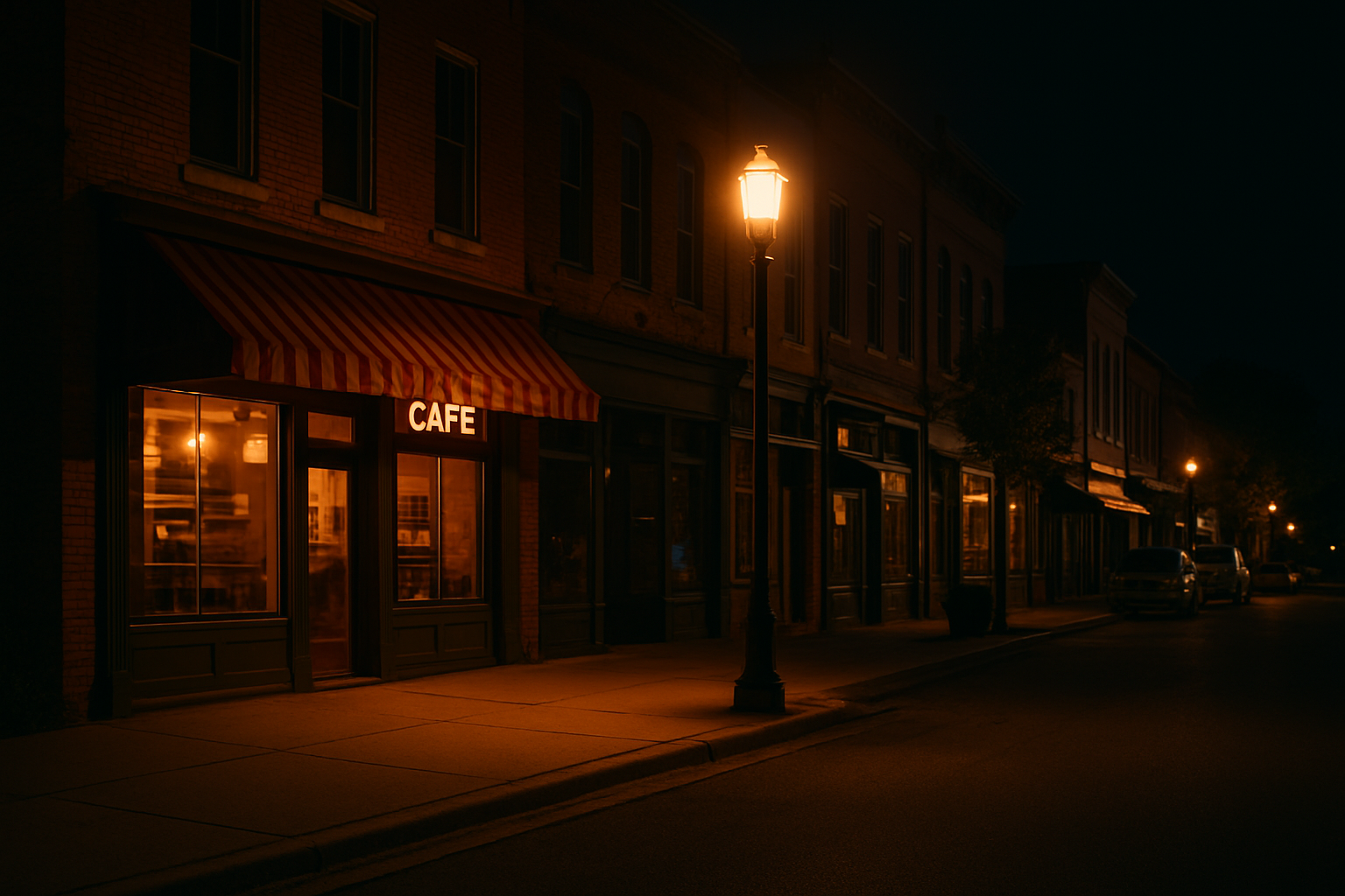 A streetlight shining on a cafe on a small town main street